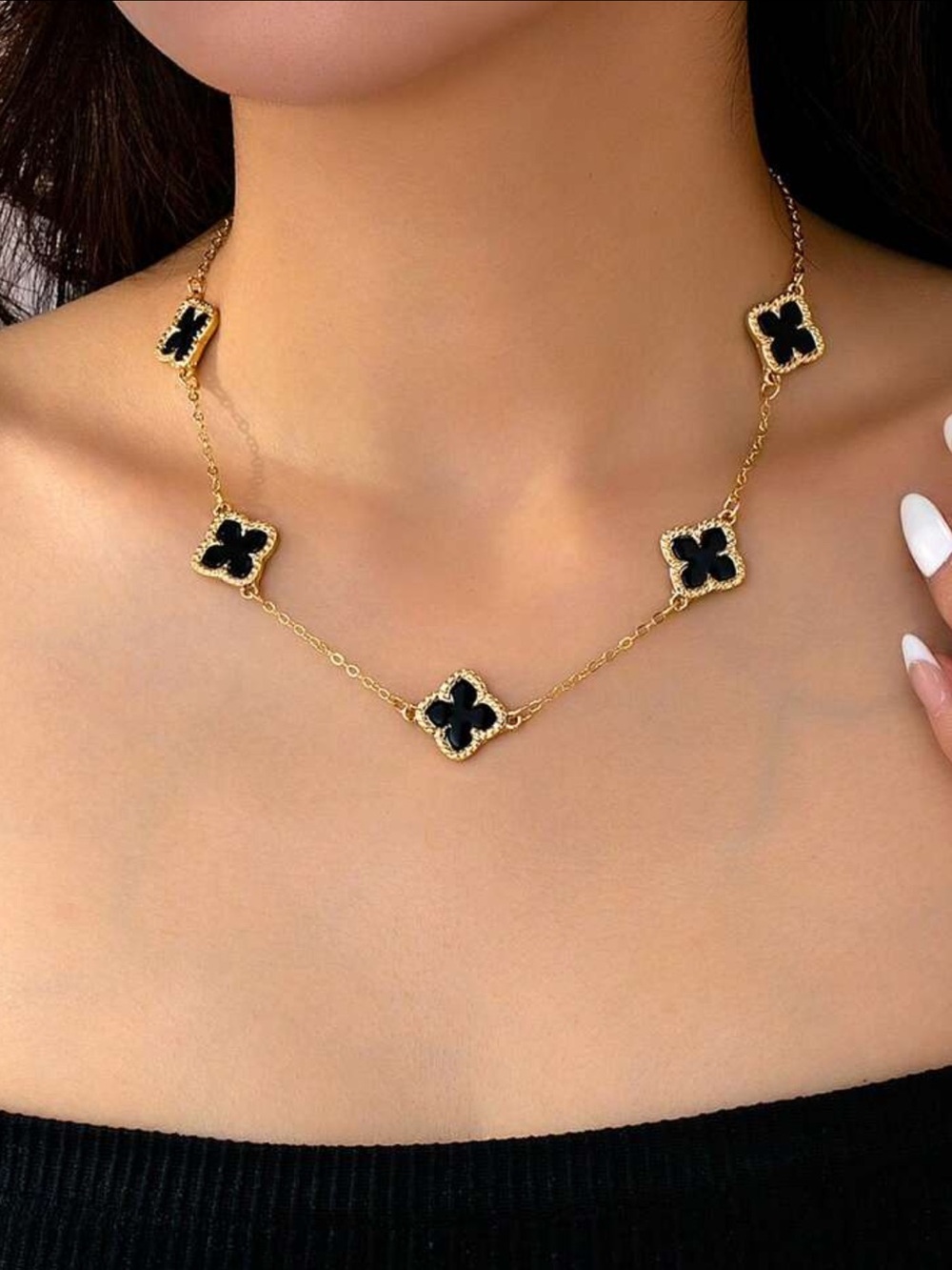 Gold Necklace with Black Clover Motifs, Black Clover Necklace